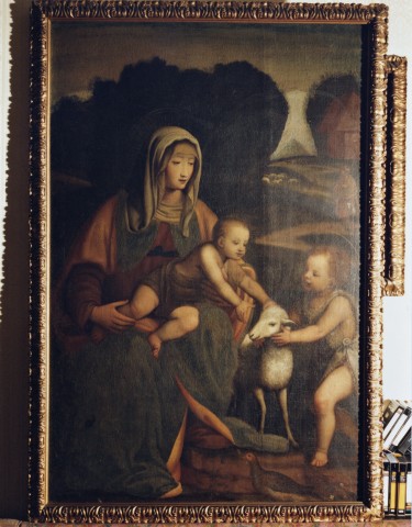 Anonimo — Luini Bernardino - sec. XVI - Madonna con Bambino che gioca con l'agnello e san Giovannino — insieme